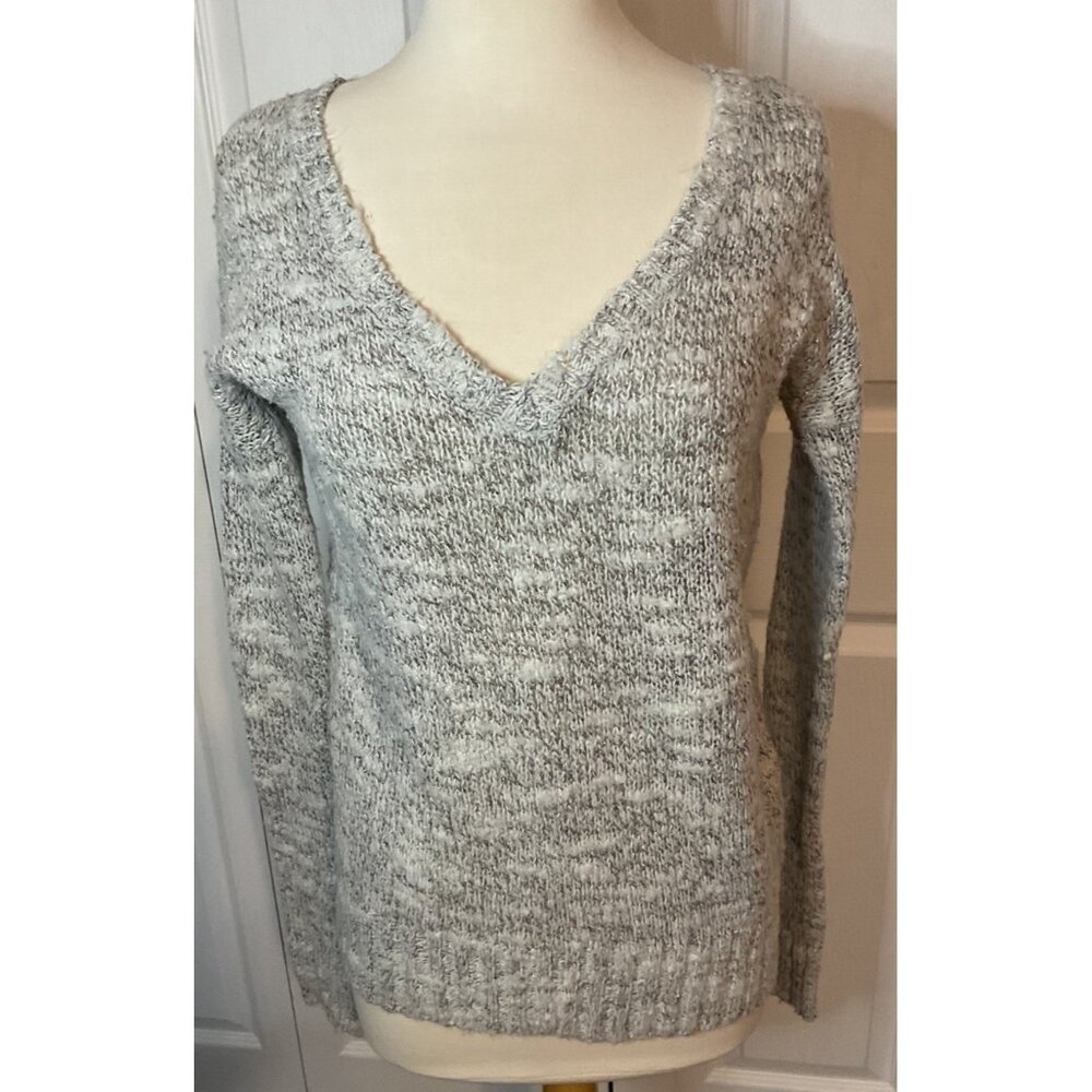 American Eagle Outfitters Sweater White & Silver Metallic‎ V-Neck Size Small